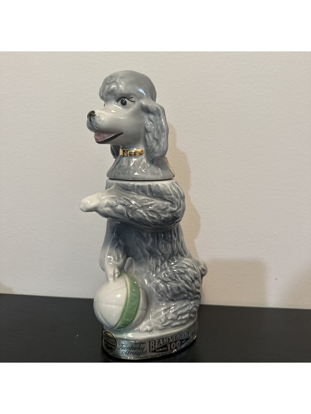 JIM BEAM Whiskey Decanter Penny the Poodle Dog in gray. 1970